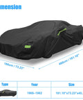 Chevrolet Corvette Weatherproof Car Cover Outdoor Shield For C4 C5 C6 C7 Models 1984-2019 shown with dimensions and type chart.