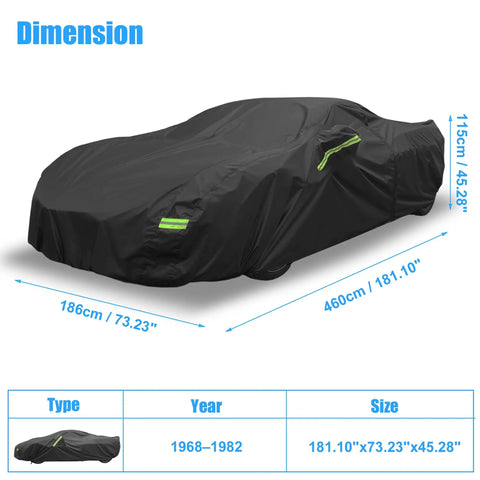 Chevrolet Corvette Weatherproof Car Cover Outdoor Shield For C4 C5 C6 C7 Models 1984-2019 shown with dimensions and type chart.