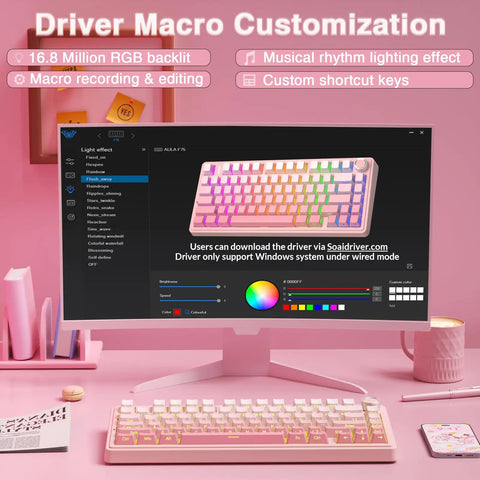 Driver macro customization interface for Dead Quiet Pink 75 Percent Wireless Mechanical Keyboard with RGB backlight features.