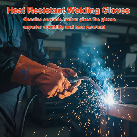 Person welding with 14 Inch 932F Heat Resistant Leather Welding Gloves For TIG MIG And Stick Welding, Heavy Duty Fireproof Mitts, Red.