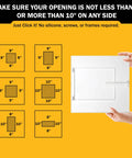Adjustable Access Panel 10x10 That Fits Like A Dream for Walls And Ceilings shows size options on a yellow background.