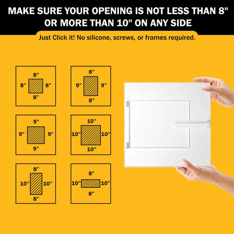 Adjustable Access Panel 10x10 That Fits Like A Dream for Walls And Ceilings shows size options on a yellow background.