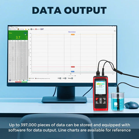 Water PH Meter With Real Time PH Temperature And Voltage Readings And Calibration Digital PH Tester connected to computer