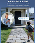Child approaching house with built-in mic camera highlighting voice feature. All Weather 360 Degree PTZ Security Camera System With Color Night Vision.