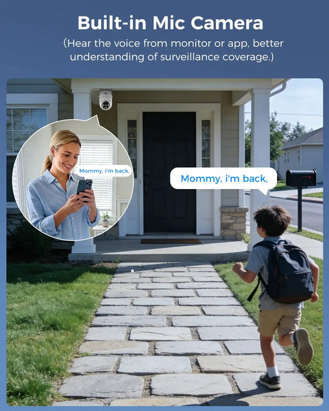Child approaching house with built-in mic camera highlighting voice feature. All Weather 360 Degree PTZ Security Camera System With Color Night Vision.