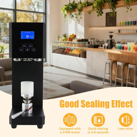 Hella Durable Commercial Soda Can Sealer With Automatic Operation And Smart LED Display, 370W motor in café setting.