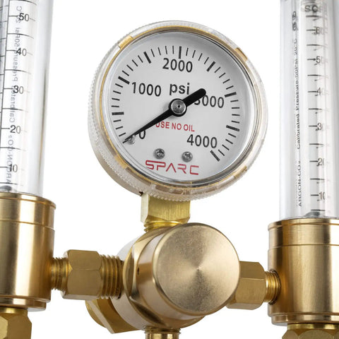 Close-up of SPARC dual argon regulator gauge, showing 0 to 4000 psi, part of Dual Argon Regulator for TIG and MIG Welding With Flow Meter