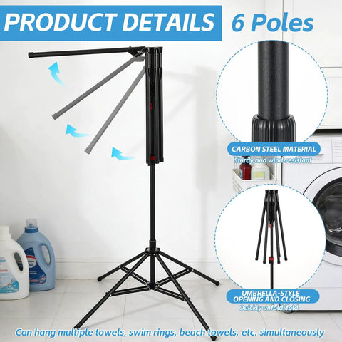 Outdoor Pool Towel Rack, Freestanding 42 to 71 Inch Adjustable Stand with four legs, six foldable arms, in laundry room