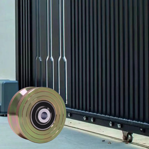 Extra Heavy Duty 4 Inch V Groove Slide Wheels For Sliding Gates, gold roller with sealed bearings against sliding gate.