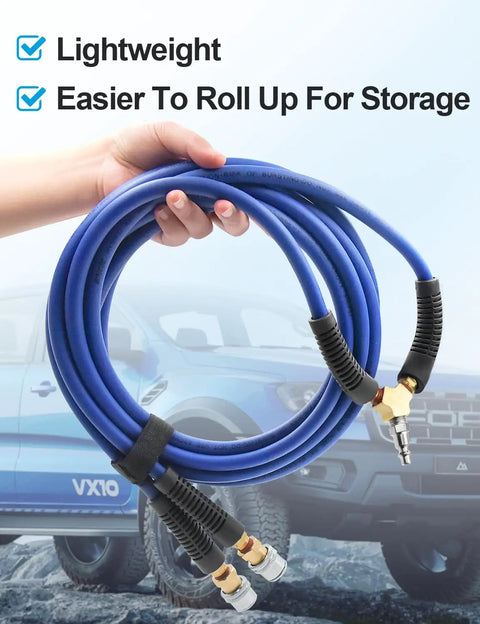 Heavy Duty Dual Tire Inflation Hose Quarter Inch X 8 Foot Hybrid Air Compressor Line with Quick Coupler Fittings displayed for trucks.