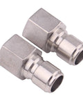 Two stainless steel female quick-disconnect fittings with 1/2" FPT threads for homebrewing sanitary fittings