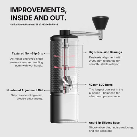 Diagram of C5 Pro Manual Coffee Grinder With S2C 042 III Stainless Steel Conical Burrs showing features like textured grip and silicone base.