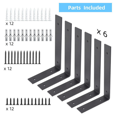 6 Pack Heavy Duty 12 Inch Black L Shelf Brackets For Floating Shelves 1/5 Inch Thick One Piece Stamped Construction with screws