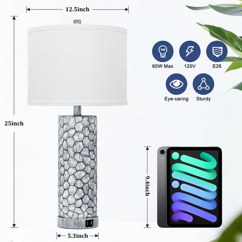 Rustic Farmhouse Table Lamps Set of 2 With Dual USB Charging Ports, 25 Inch Tall Bedside Nightstand Lights, White Fabric Shade, Perfect for Bedroom or Living Room, Bulbs Not Included