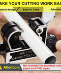 Close-up view of Spurtar mini pipe cutter tool clamping a white PVC pipe; black metal body with knob and roller jaws
