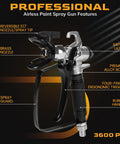 Professional Airless Paint Sprayer Gun Pumping Hefty 3600 PSI showcasing brass nozzle, ergonomic trigger, and rubber grip handle.