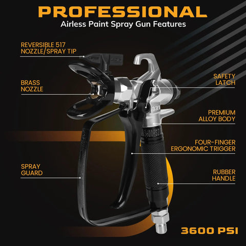 Professional Airless Paint Sprayer Gun Pumping Hefty 3600 PSI showcasing brass nozzle, ergonomic trigger, and rubber grip handle.