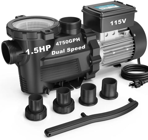 Dual Speed 1.5HP Above Ground Pool Pump Self Priming High Flow 4750 GPH On High And 2100 GPH On Low with accessories