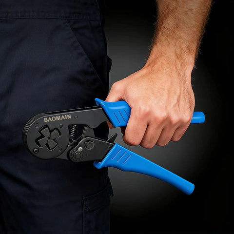 Self-Adjusting Crimping Tool For Square Four-Sided Crimps With Auto Jaw Alignment held in hand, blue handle, pro-grade.