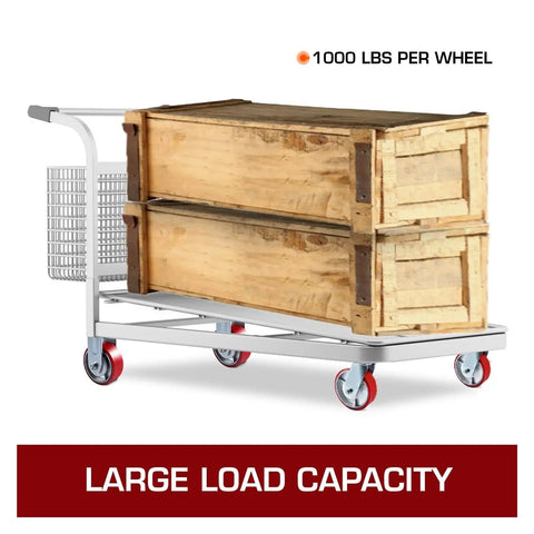 Straight Up Beefy 6 Inch Polyurethane Caster Wheels 4 Pack With Heavy Duty Iron Core Build Two Rigid And Two Swivel Casters featuring a cart with wooden crates.
