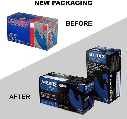 HD Royal Blue Nitrile Industrial Disposable Gloves Heavy Duty 6 Mil Thick Latex Free With Raised Diamond Texture For Superior Grip Large Size Box Of 100 new packaging comparison