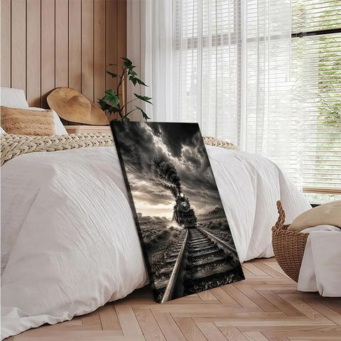 Killer Monochrome Train Canvas Wall Art Vintage Steam Locomotive Poster With Desert Canyon Tracks And Dramatic Storm Clouds Framed 24x36 Inches Ideal For Living Room Or Man Cave Decor