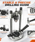 Drill Guide Stand For Cordless Drills And More Portable Drill Press Attachment With Half Inch Chuck shown with adjustable angles.
