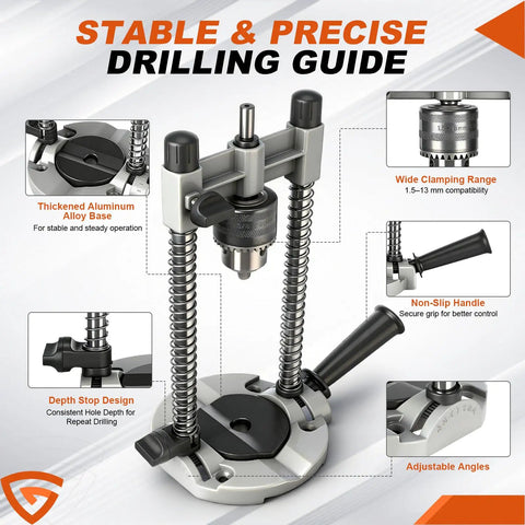 Drill Guide Stand For Cordless Drills And More Portable Drill Press Attachment With Half Inch Chuck shown with adjustable angles.