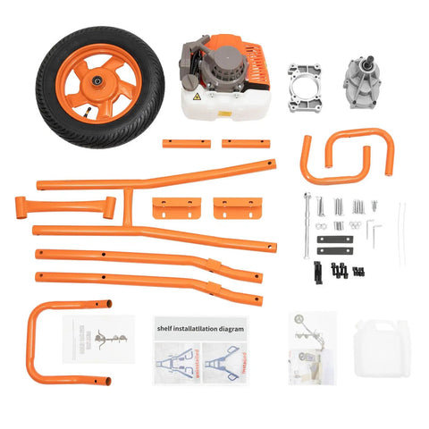 Assembly parts of Beast 63cc 2 Stroke Gas Auger Post Hole Digger With 11.81 Inch Bit, including wheel and engine components.