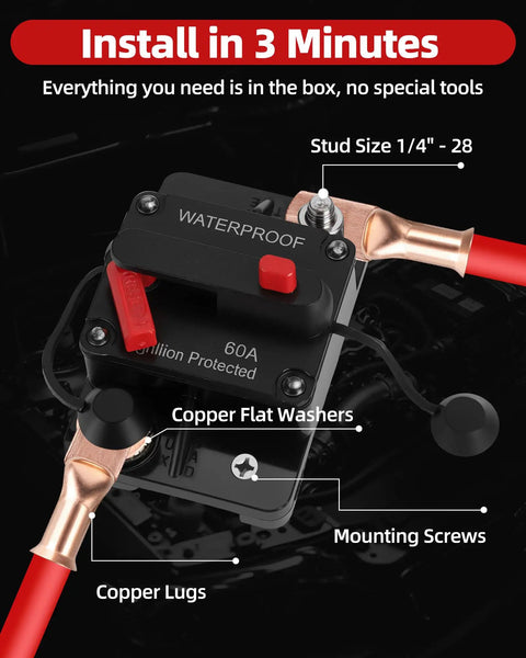 60 Amp Marine DC Circuit Breaker Switch for Trolling Motor Battery Box, showing assembly with copper lugs and mounting screws.