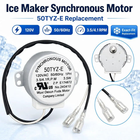 Plug And Play Drop In Ice Maker Synchronous Motor 120V Replacement For Commercial And Home Ice Makers 50 60Hz 3.5 4.1 RPM Compatible With HZB Series Models And More., 50TYZ-E motor with wire leads and mounting tabs