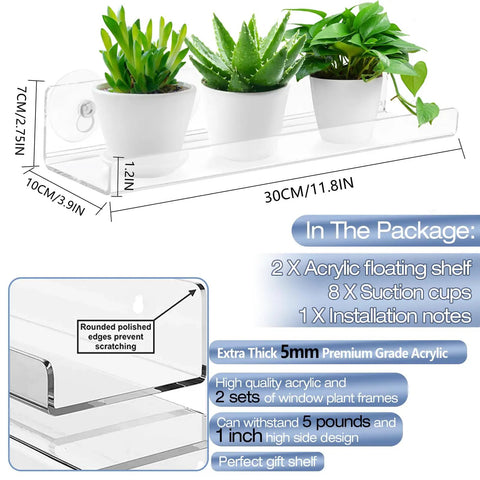 2 Pack 12 Inch Acrylic Window Plant Shelves With Suction Cup Sill Extenders holding small white plant pots