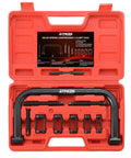 Solid Valve Spring Compressor C Clamp Service Kit in red case showing 10-piece heavy duty metal tool set with black oxide finish