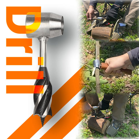 Hand Auger Drill For Survival Gear And Shelter Building, Folding Saw Included, 1 Inch Drill Peg and Scotch Eye Maker in use outdoors.
