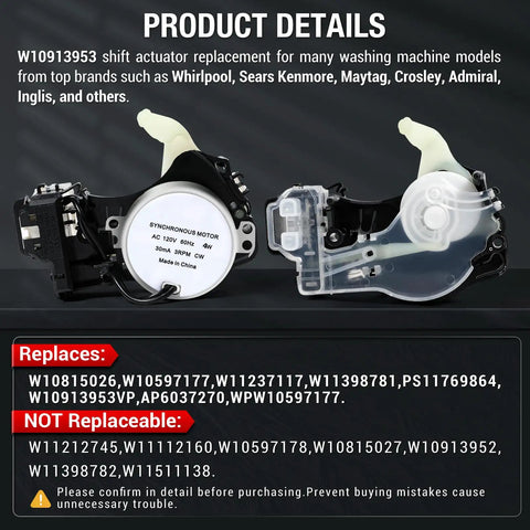 Beefed Up Washer Shift Actuator 120V 60Hz 3RPM CW Easy Install Fits Whirlpool Maytag Kenmore W10913953 product details