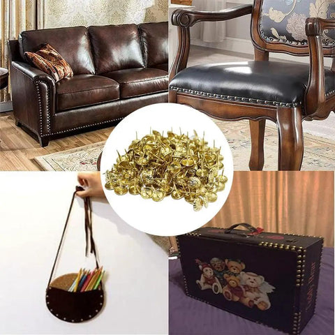Top Tier 500 Piece Gold Metal Upholstery Tacks For Furniture Reupholstering And Cork Boards displayed on various furniture and crafts.
