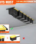 Overhead Garage Ceiling Bin Storage Rack For Six Bins Adjustable Heavy Duty Tote Rails That Declutter Your Garage And Free Up Floor Space No More Floor Clutter With Ceiling Tote Storage Bins Not Included shown installed with storage bins.
