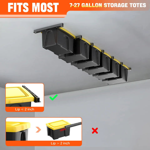 Overhead Garage Ceiling Bin Storage Rack For Six Bins Adjustable Heavy Duty Tote Rails That Declutter Your Garage And Free Up Floor Space No More Floor Clutter With Ceiling Tote Storage Bins Not Included shown installed with storage bins.
