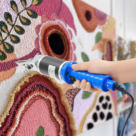 Top Shelf Electric Craft Scissors Engineered For Sharp Carpet Carving And Lightning Fast Tufting Trimming, blue handled tool cutting rug.