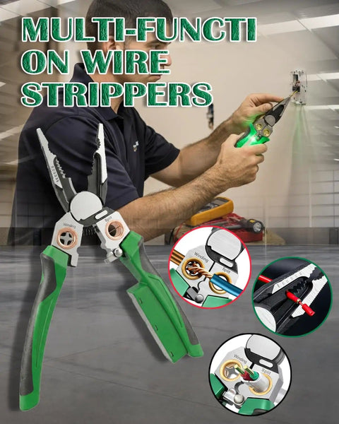 Man using 8 In 1 Wire Stripper With Voltage Tester And Multi Function Electric Pliers For Pros And DIYers in green