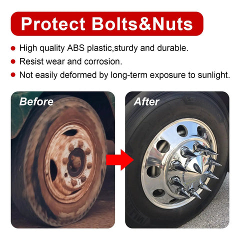 Comparison of semi truck wheel before and after using 33mm Chrome Spike Lug Nut Covers Thread-On For Semi Trucks 4.75 Inch High ABS Plastic Caps Pointed Screw-On Pack Of 20 Fits 33mm Hub Piloted Wheels No Rust Built Tough, showing transformation from rusty to chrome finish.