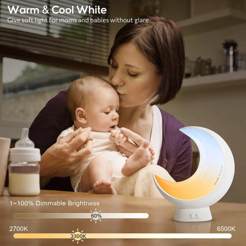Mother holding baby next to Rechargeable Dimmable Moon Lamp With Bluetooth App Control And RGB Color Changing Light For Kids.