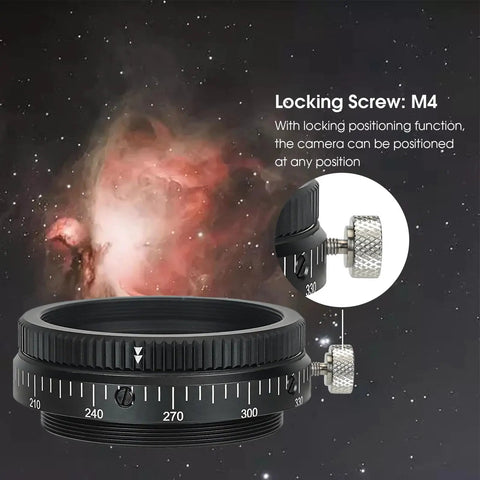 Close-up of M4 locking screw on Camera Angle Adjuster for SV550 80mm F6 Scope, 360 Degree Rotator with M63 Thread for astrophotography.