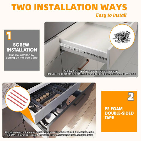Installation methods for 10 Inch Thin Drawer Slides With Ball Bearing Full Extension Two Way Track Rail Low Profile for cabinets.