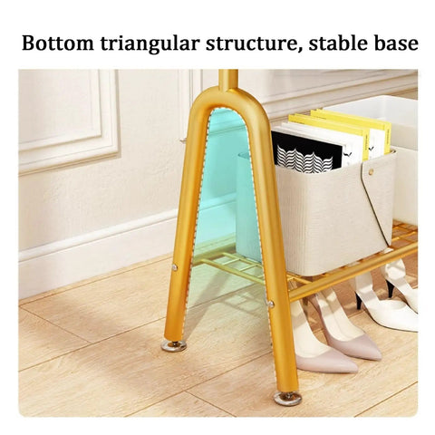 Close-up of the bottom triangular structure of Beefy Free Standing Metal Clothes Rack With Shelves For Boutique Or Home Use Black 60x33x147cm