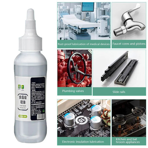 Pro Grade High Temp Silicone Oil Lubricant For Food Processing Equipment And Conveyors Waterproof And Rust Resistant bottle next to diverse uses in machinery.