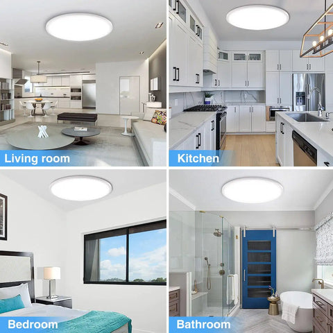 Six Pack 12 Inch Dimmable Flush Mount LED Ceiling Light 28W 3200LM 5000K Daylight White in living room, kitchen, bedroom, bathroom.