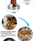 51mm Espresso Tamper with Stainless Steel Flat Base and Solid Wood Handle for 51mm Portafilters in use making coffee