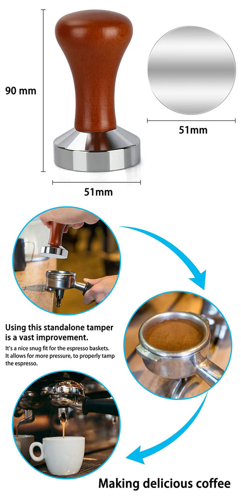 51mm Espresso Tamper with Stainless Steel Flat Base and Solid Wood Handle for 51mm Portafilters in use making coffee