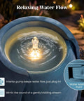 Close-up of 32 Inch Outdoor Jar Water Fountain With LED Lights, Vintage Blue Cracked Jar Design, illuminating bubbling water flow